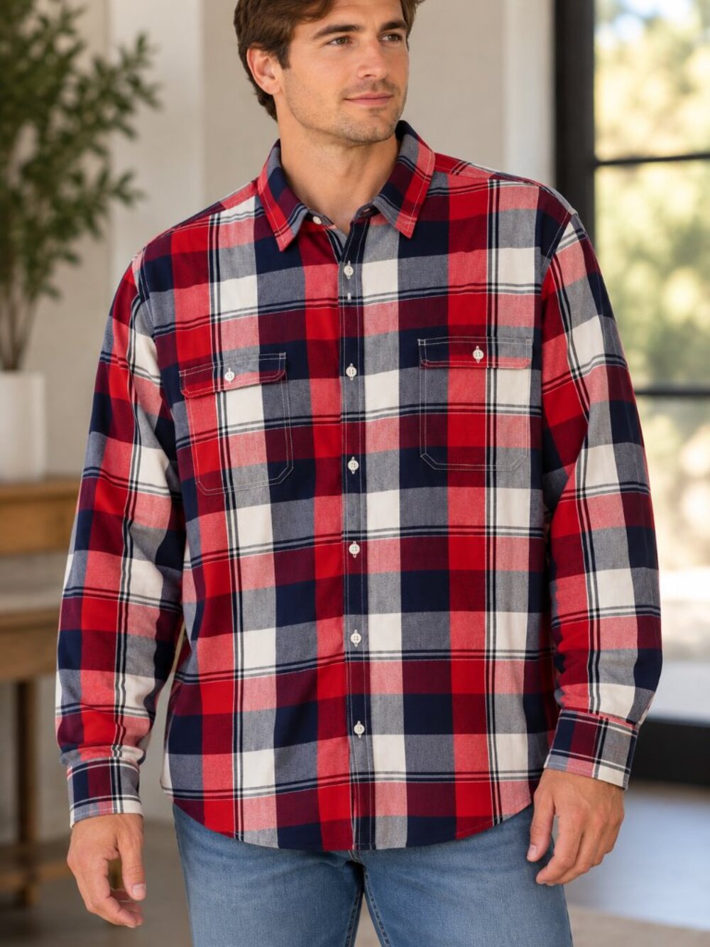 American Rag Mens XXL Red Navy Plaid Button Down Shirt 100% Cotton Casual